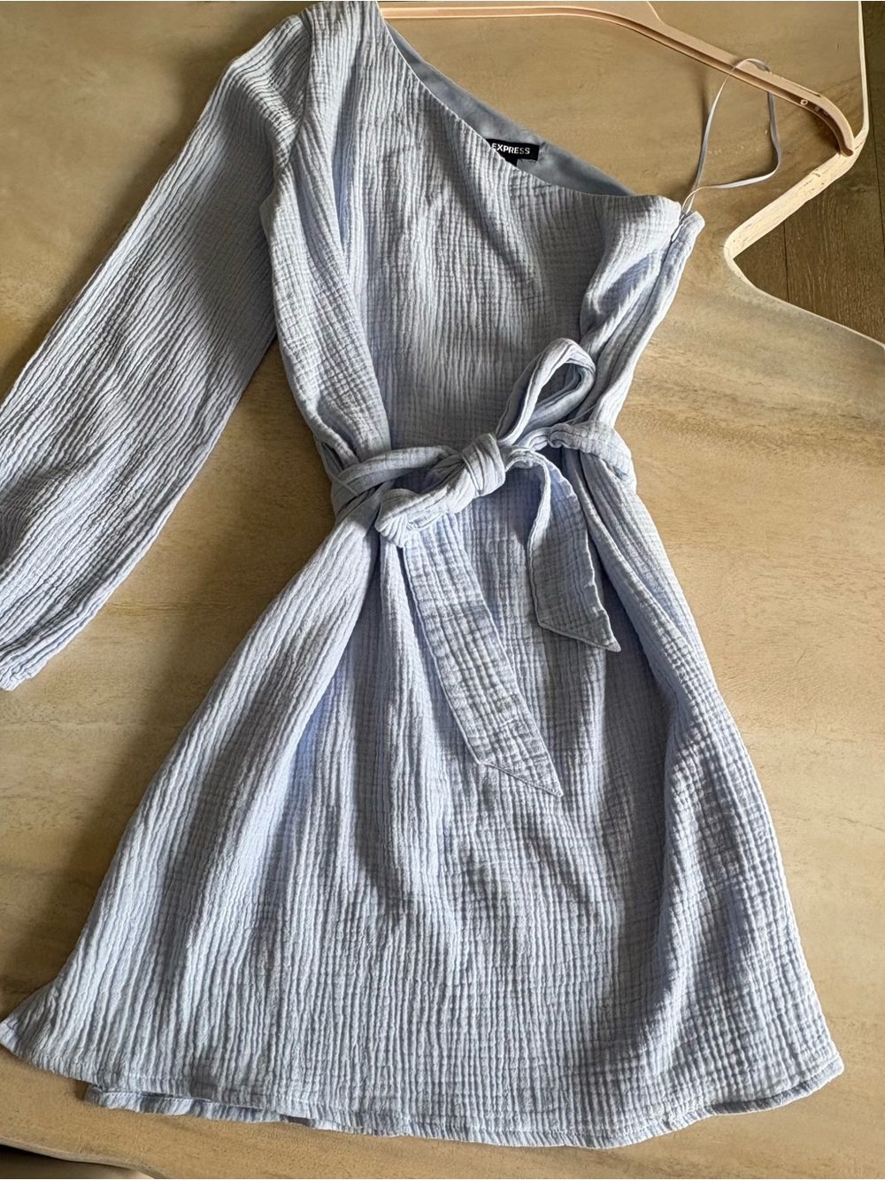 Summery gauze one shoulder textured tie waist dress